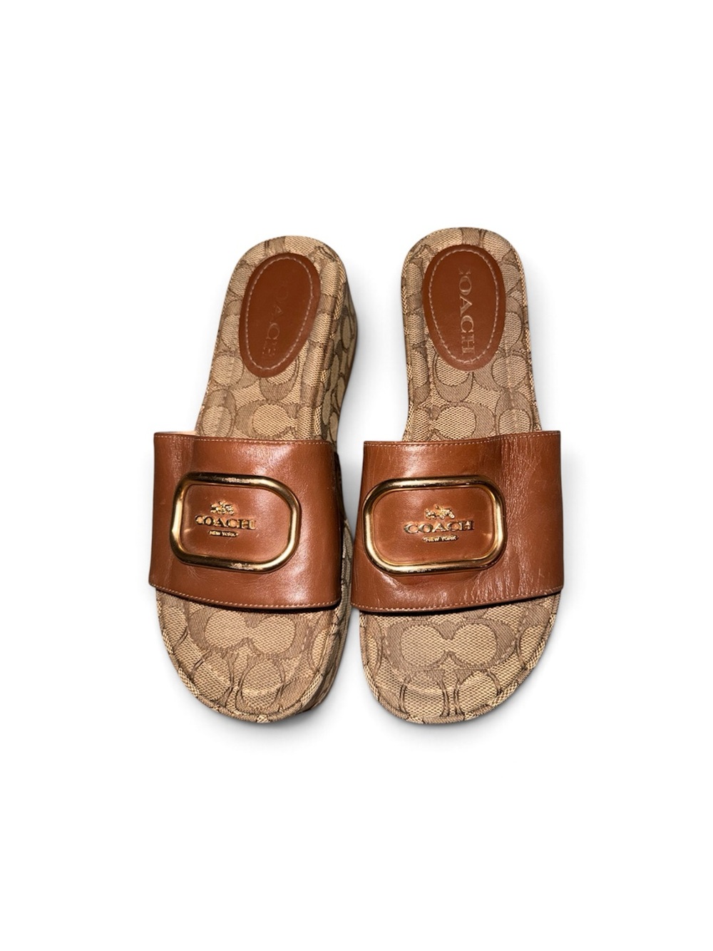 Coach Eloise Brown Leather & Signature Canvas Slide Sandals